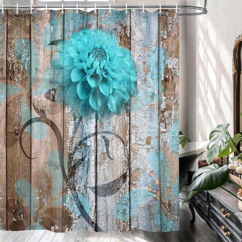 JAWO Farmhouse Flower Floral Shower Curtain, Rustic Teal Turquoise Dahlia Shower Curtain Set, Country Blue Wild Garden Plant Fabric Shower Curtain with Hooks, Surreal Bathroom Curtain, 69x70inch - Image 3